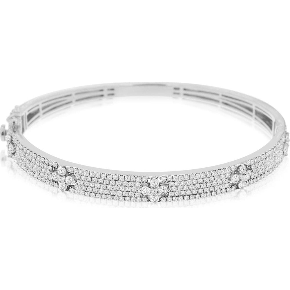 14K White Gold Hinged Bangle Bracelet with Pavé Set Round Diamonds and Floral Cluster Motifs - 2.50 Carat Total Diamond Weight - Royal Jewelry