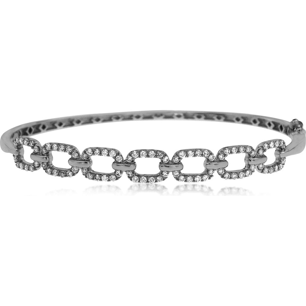 14K White Gold Hinged Bangle with Pavé-Set Round Diamond Chain Links - 0.85 Carat Total Diamond Weight - Royal Jewelry