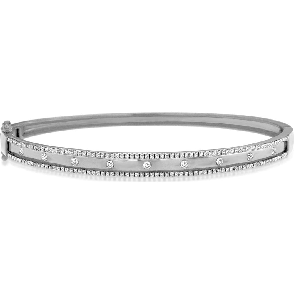 14K White Gold Hinged Diamond Bangle Bracelet with Prong-Set Round Diamonds and Micro-Pavé Borders - 0.55 Carat Total Diamond Weight - Royal Jewelry