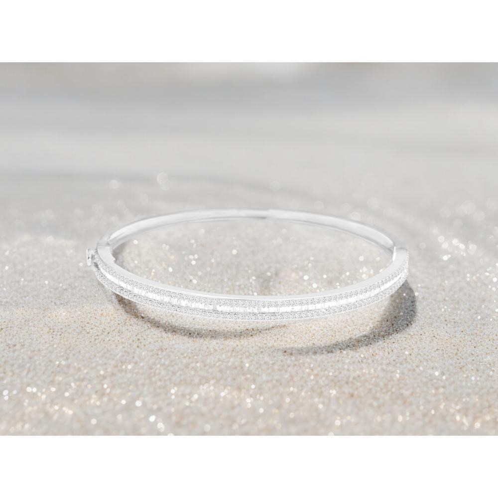 14K White Gold Hinged Diamond Bangle with Channel-Set Baguette and Round Cut Diamonds - 1.65 Carat Total Diamond Weight - Royal Jewelry