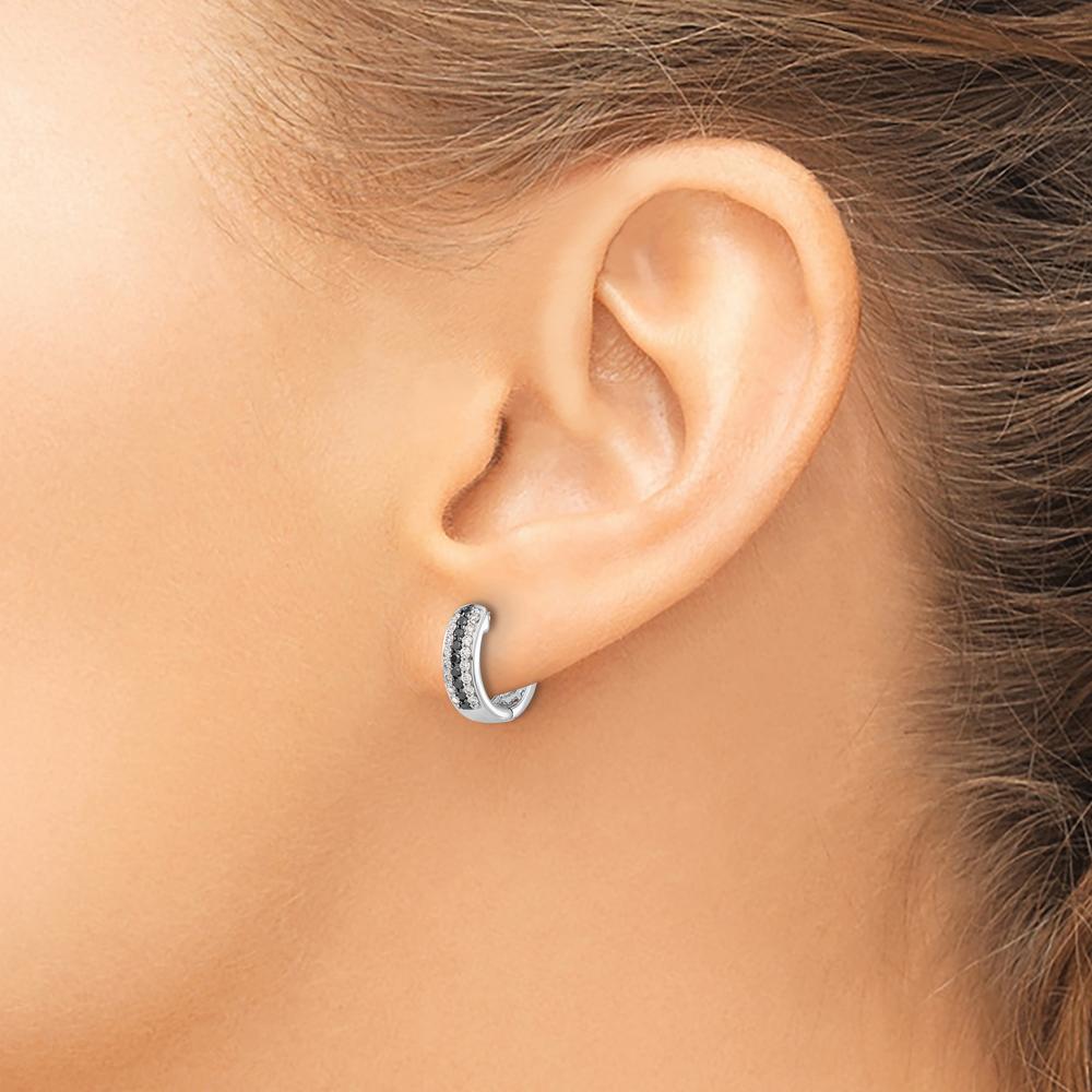 14K White Gold Hinged Hoop Earrings with Black and White Diamonds - 0.022 Carat Total Diamond Weight by Monteluci Fine Jewelry