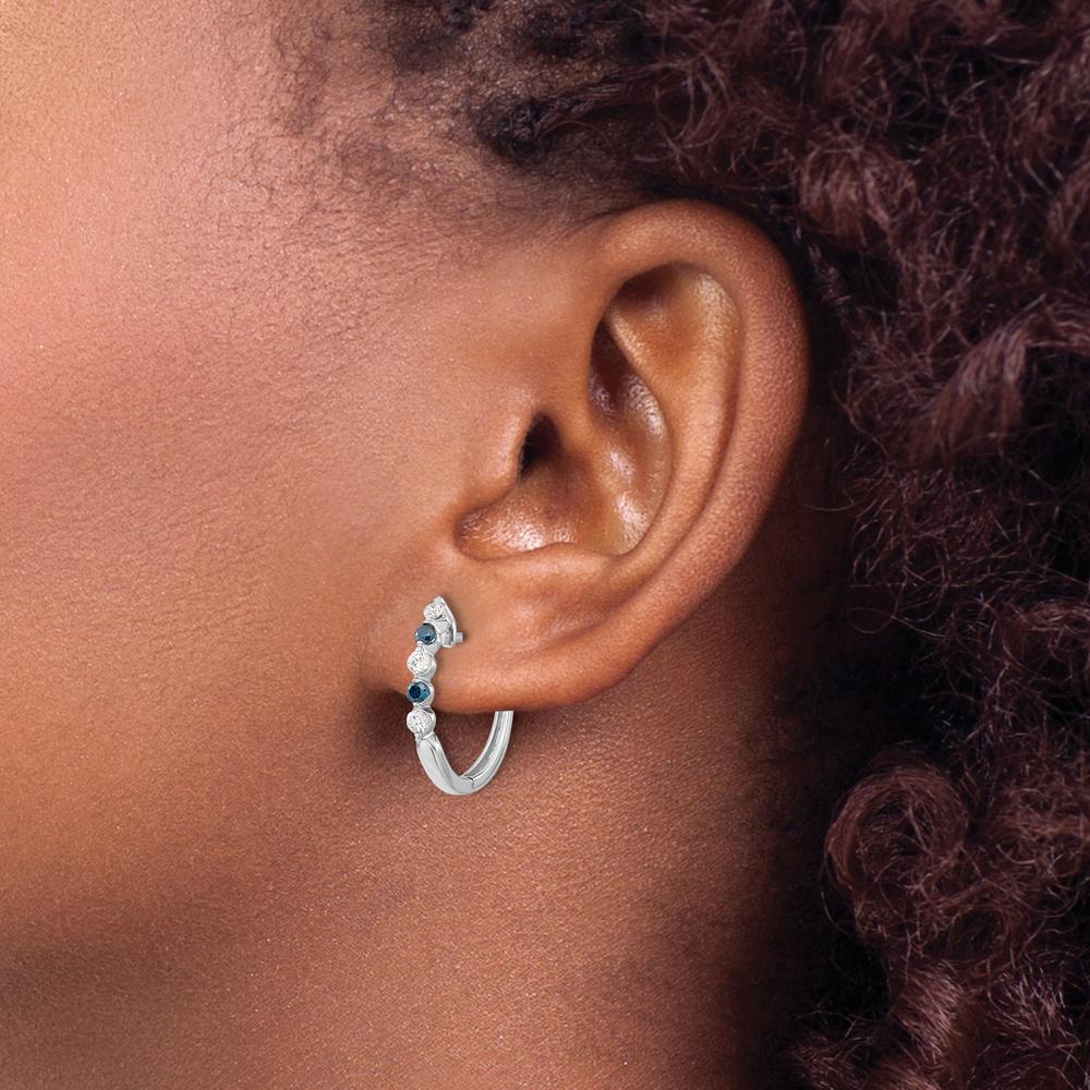 14K White Gold Hinged Hoop Earrings with Blue and White Round Diamonds - 0.05 Carat Total Diamond Weight by Monteluci Fine Jewelry