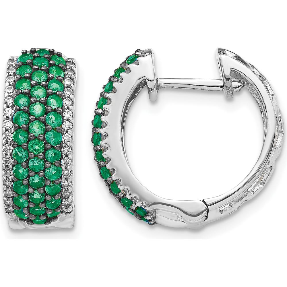 14K White Gold Hinged Hoop Earrings with Emeralds and Diamonds - 0.02 Carat Total Emerald Weight, 0.004 Carat Total Diamond Weight by Monteluci Fine Jewelry