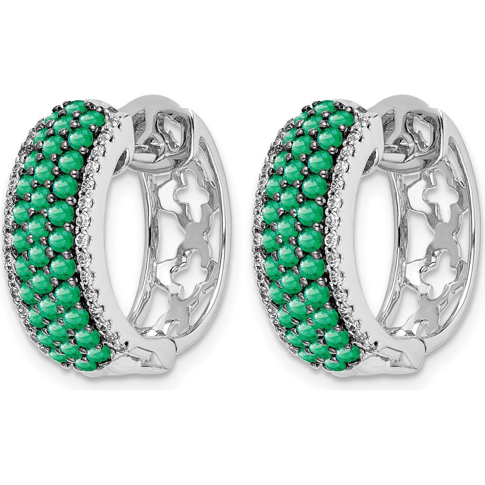 14K White Gold Hinged Hoop Earrings with Emeralds and Diamonds - 0.02 Carat Total Emerald Weight, 0.004 Carat Total Diamond Weight by Monteluci Fine Jewelry