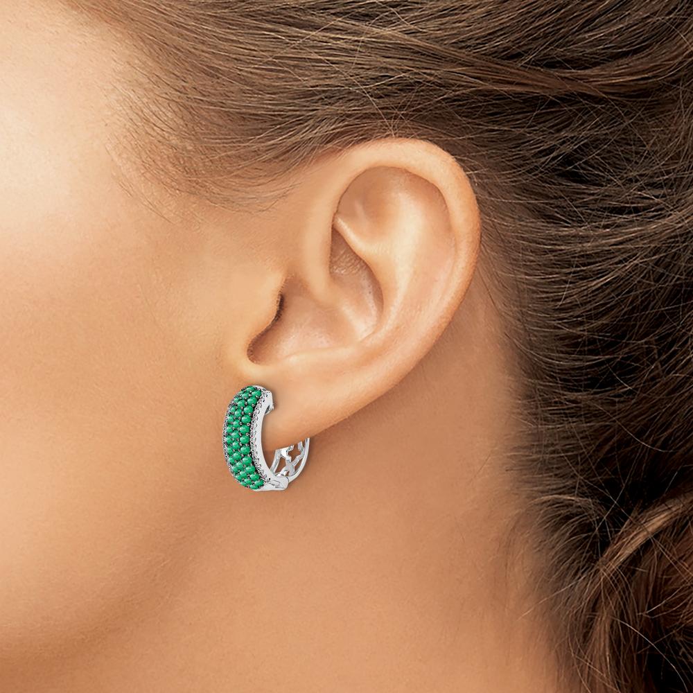 14K White Gold Hinged Hoop Earrings with Emeralds and Diamonds - 0.02 Carat Total Emerald Weight, 0.004 Carat Total Diamond Weight by Monteluci Fine Jewelry
