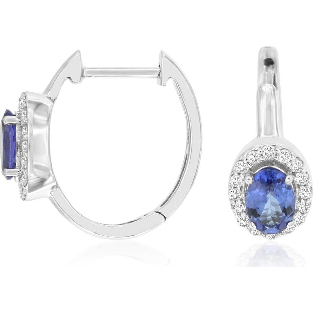 14K White Gold Hinged Hoop Earrings with Oval Tanzanite and Round Diamond Halo - 0.70 Carat Total Tanzanite Weight and 0.25 Carat Total Diamond Weight - Royal Jewelry