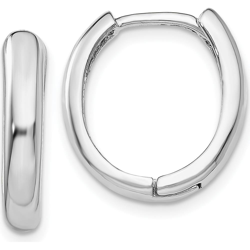 14K White Gold Hinged Hoop Earrings with Polished Finish and Rhodium Plating - 10mm Length, 4mm Width by 0