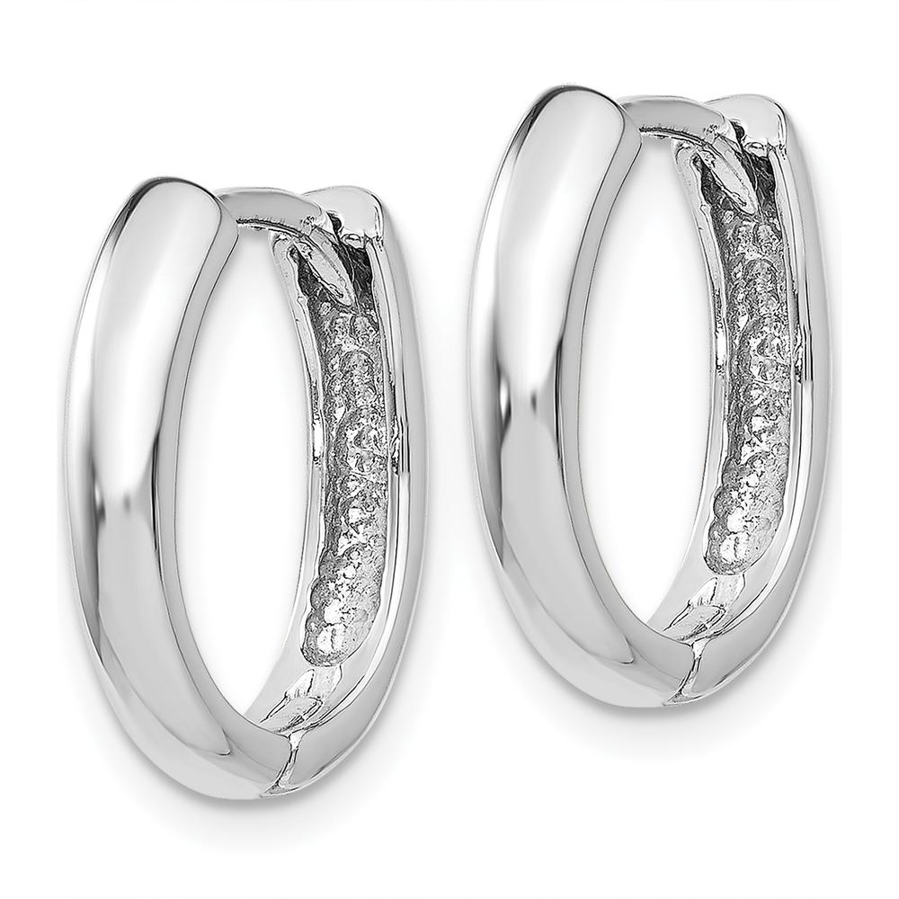 14K White Gold Hinged Hoop Earrings with Polished Finish and Rhodium Plating - 10mm Length, 4mm Width by 0