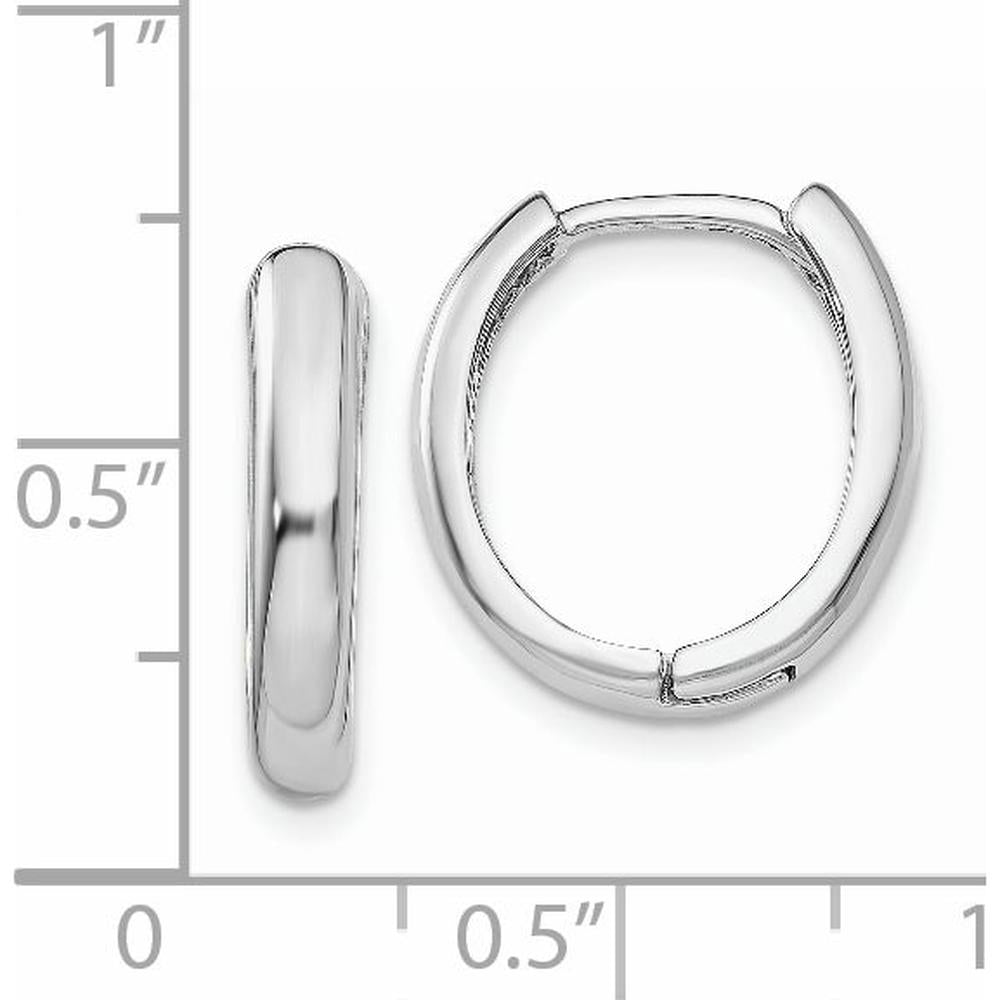 14K White Gold Hinged Hoop Earrings with Polished Finish and Rhodium Plating - 10mm Length, 4mm Width by 0