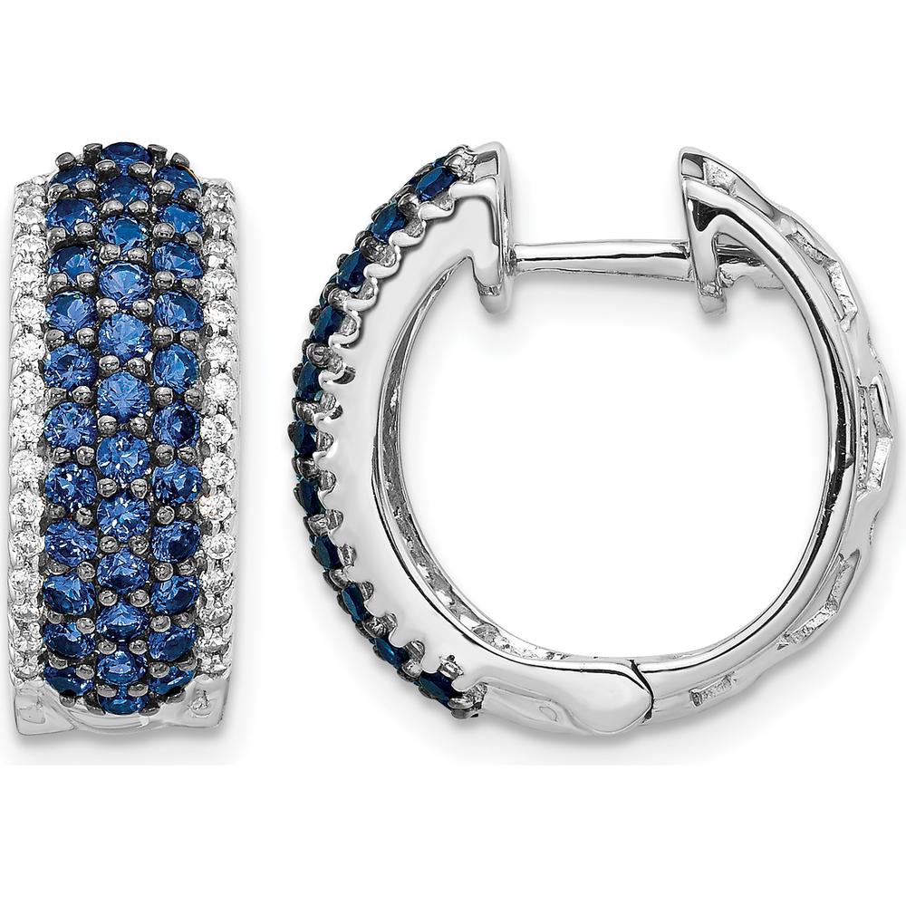 14K White Gold Hinged Hoop Earrings with Round Sapphires and Diamonds - 0.02 Carat Sapphire Weight, 0.004 Carat Diamond Weight by Monteluci Fine Jewelry