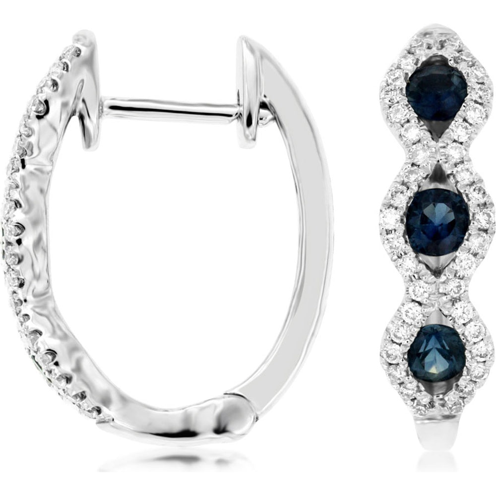 14K White Gold Hinged Hoop Earrings with Three Round Blue Sapphires and Diamond Halo Accents - 0.72 Carat Total Sapphire Weight and 0.25 Carat Total Diamond Weight - Royal Jewelry