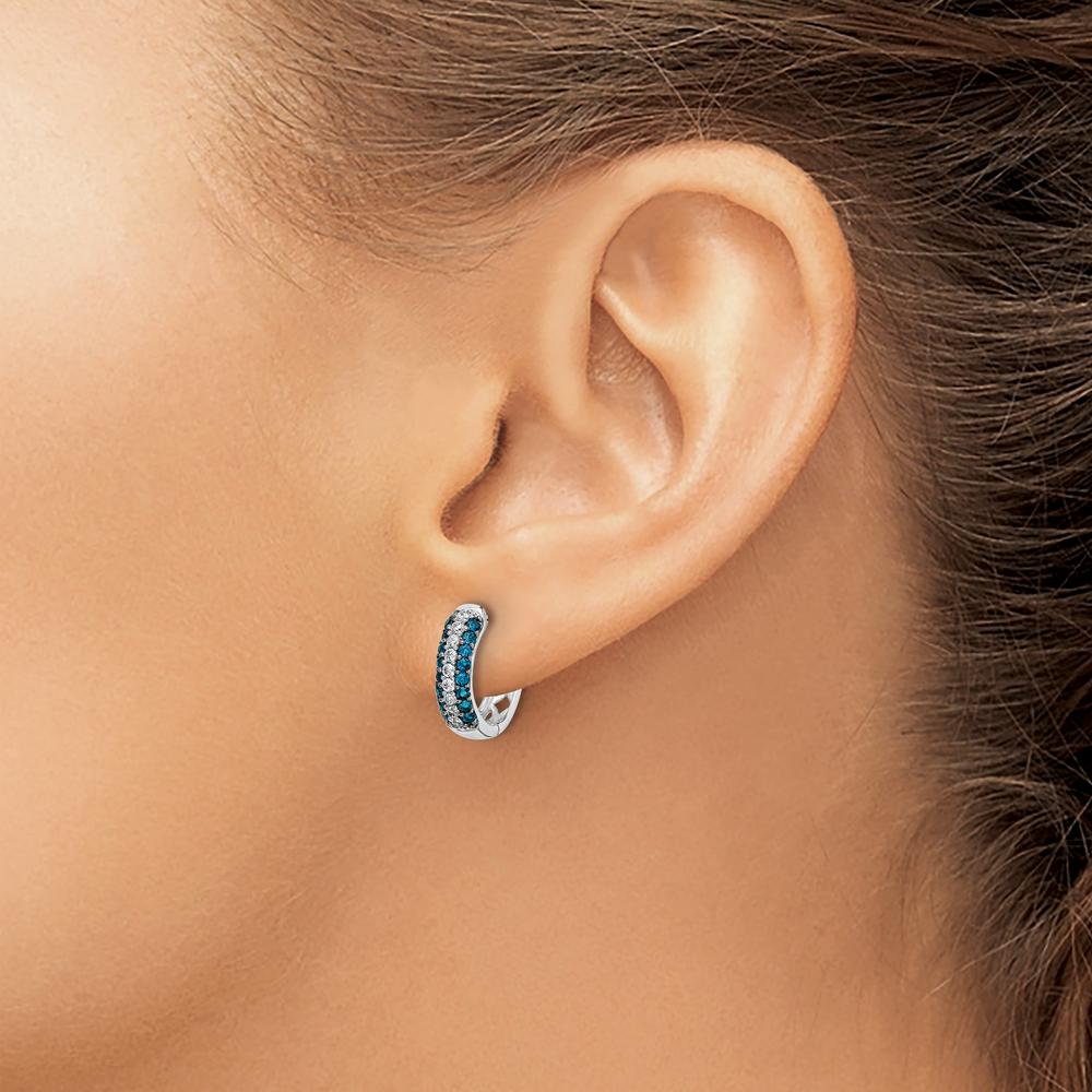 14K White Gold Hinged Hoop Earrings with White and Blue Diamonds - 0.032 Carat Total Diamond Weight by Monteluci Fine Jewelry