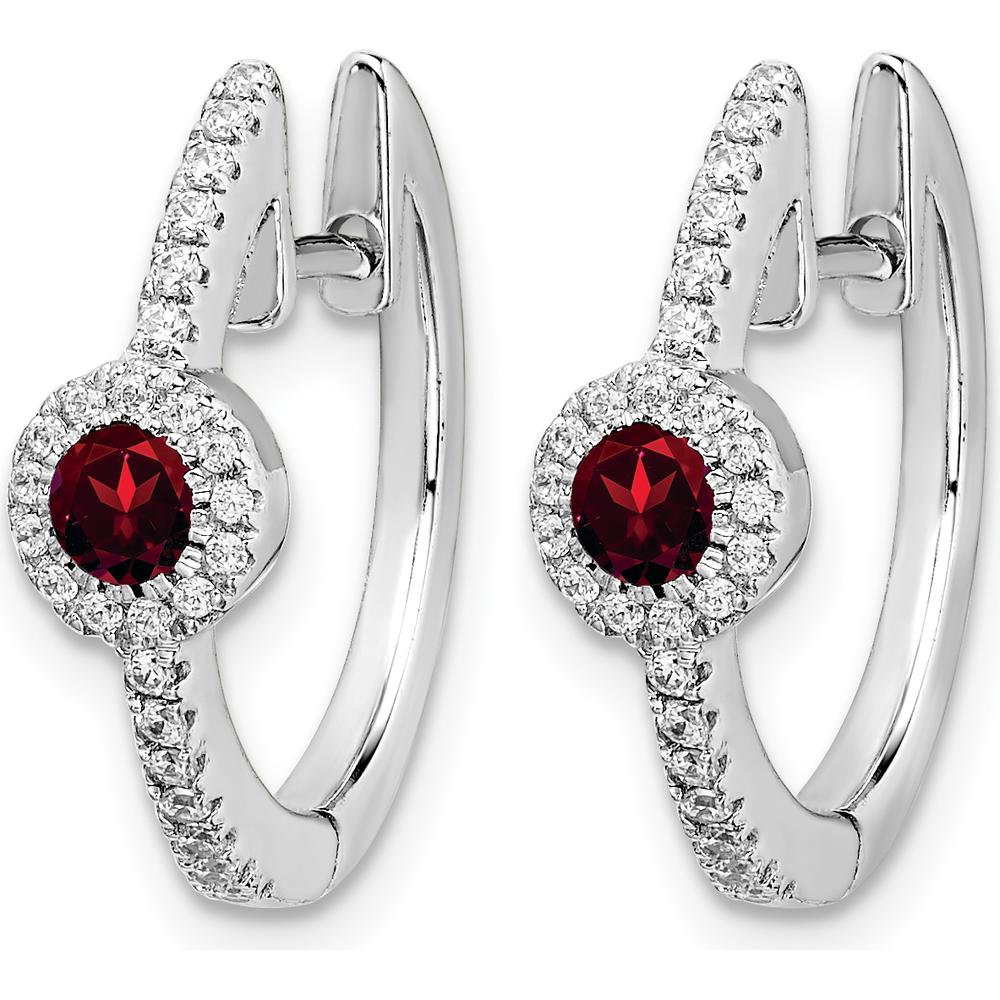 14K White Gold Hinged Huggie Earrings with Round Cabochon Garnet and Diamonds - 0.225 Carats Total Garnet Weight, 0.052 Carats Total Diamond Weight by Monteluci Fine Jewelry