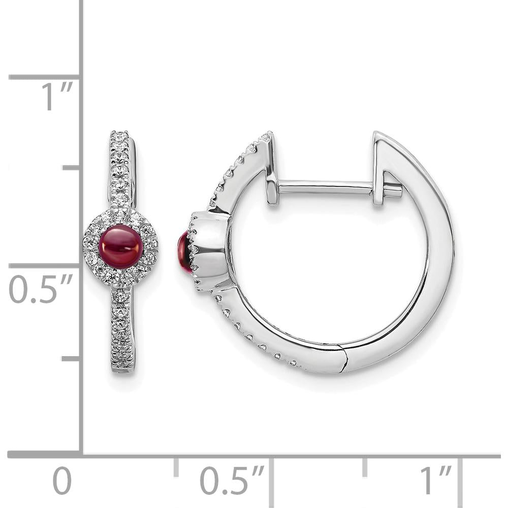 14K White Gold Hinged Huggie Earrings with Round Cabochon Garnet and Diamonds - 0.225 Carats Total Garnet Weight, 0.052 Carats Total Diamond Weight by Monteluci Fine Jewelry