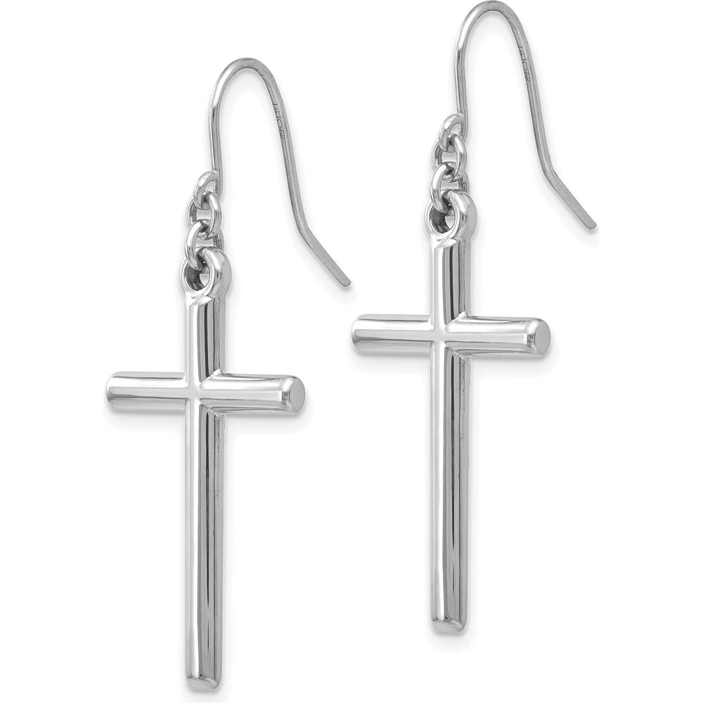 14K White Gold Hollow Cross Dangle Earrings with Rhodium Plated Finish - Elegant and Polished Design by 0