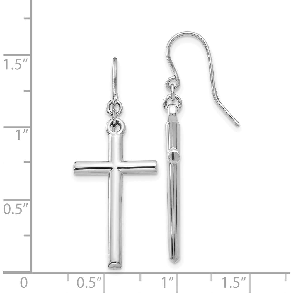 14K White Gold Hollow Cross Dangle Earrings with Rhodium Plated Finish - Elegant and Polished Design by 0