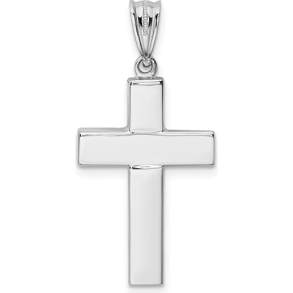 14K White Gold Hollow Cross Pendant with Polished Finish - Rhodium Plated by Oro Pregiato