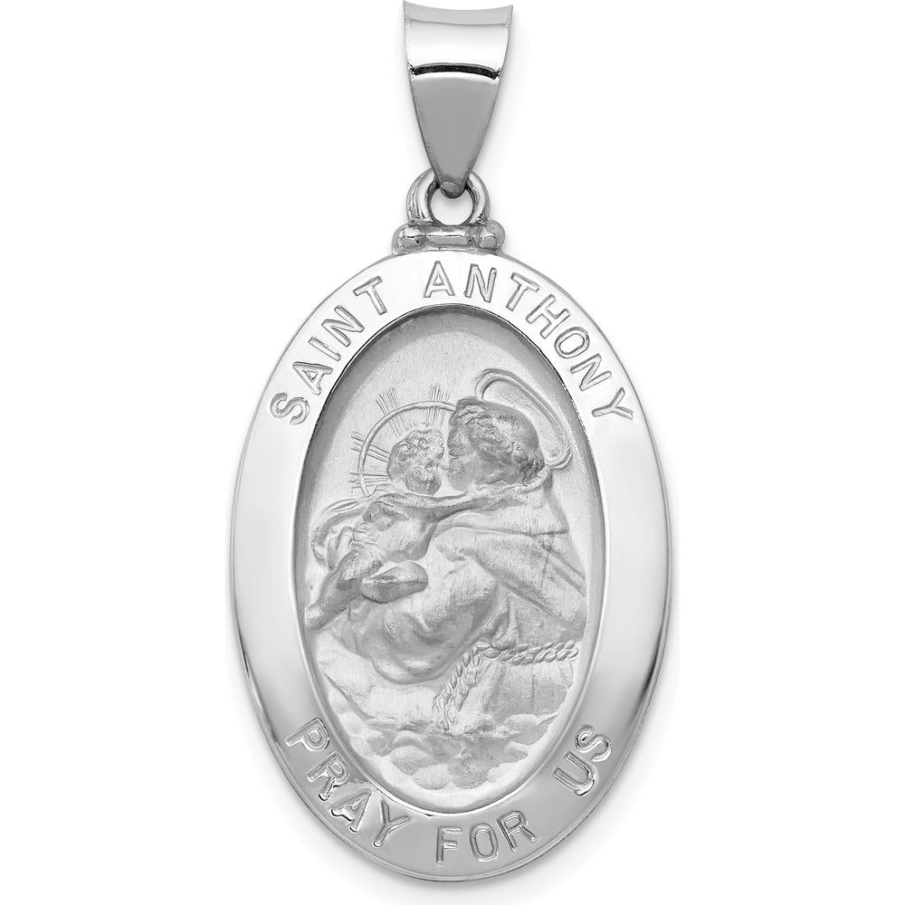 14K White Gold Hollow St. Anthony Oval Pendant with Satin Finish by Oro Pregiato