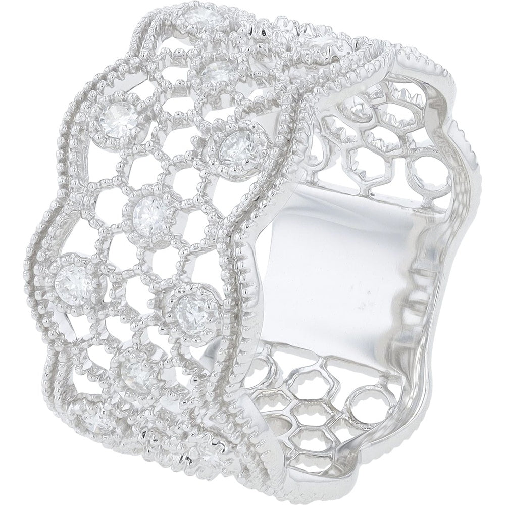 14K White Gold Honeycomb Geometric Wide Band Ring with Milgrain Detailing and Prong-Set Round Diamonds - 0.28 Carat Total Diamond Weight