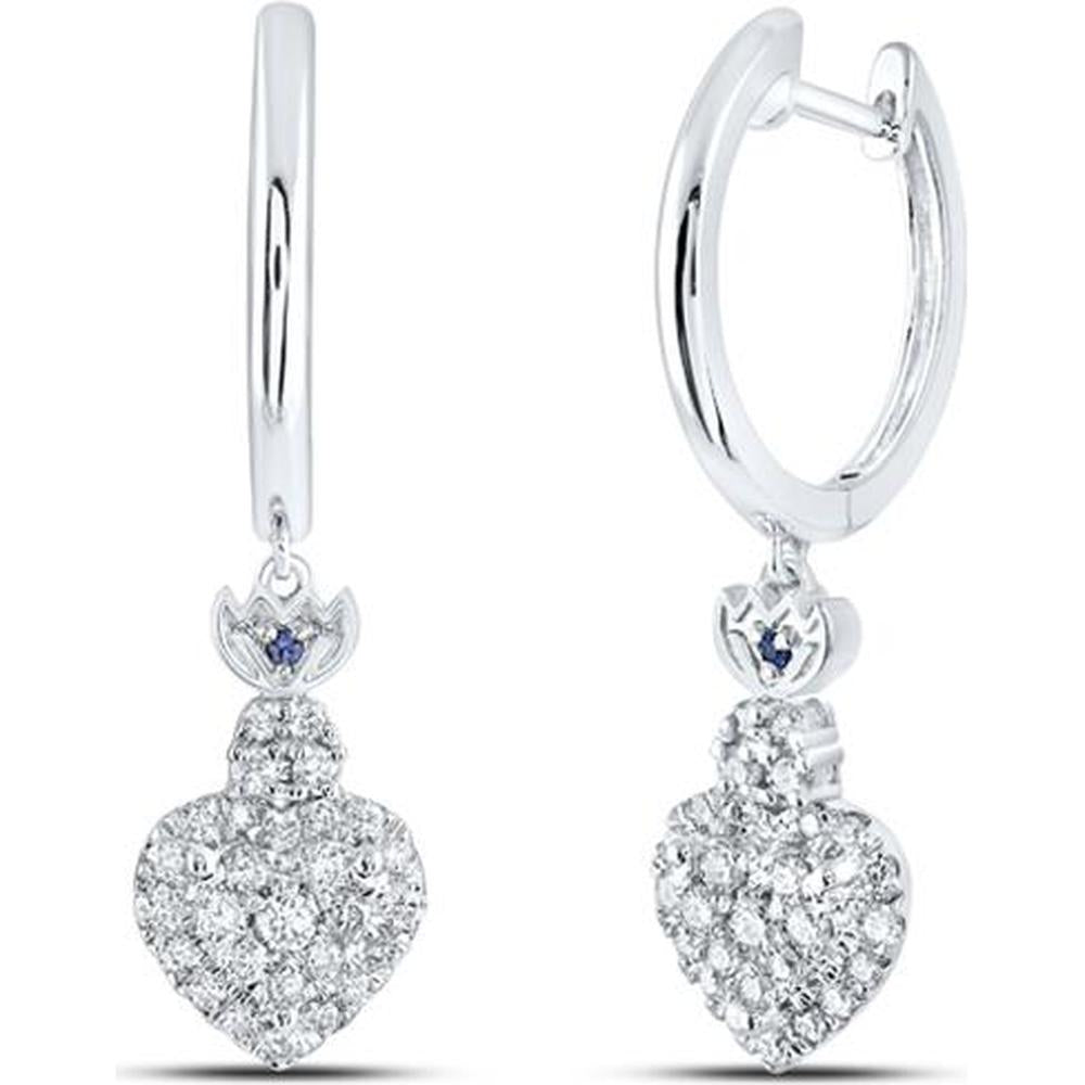 14K White Gold Hoop Dangle Earrings with Prong-Set Round Diamonds and Blue Sapphire Accents - 0.49 Carat Total Gem Weight