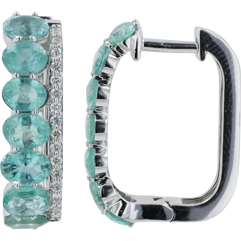 14K White Gold Hoop Earrings with 2.30 Carat Prong - Set Emeralds and 0.20 Carat Diamond Accents
