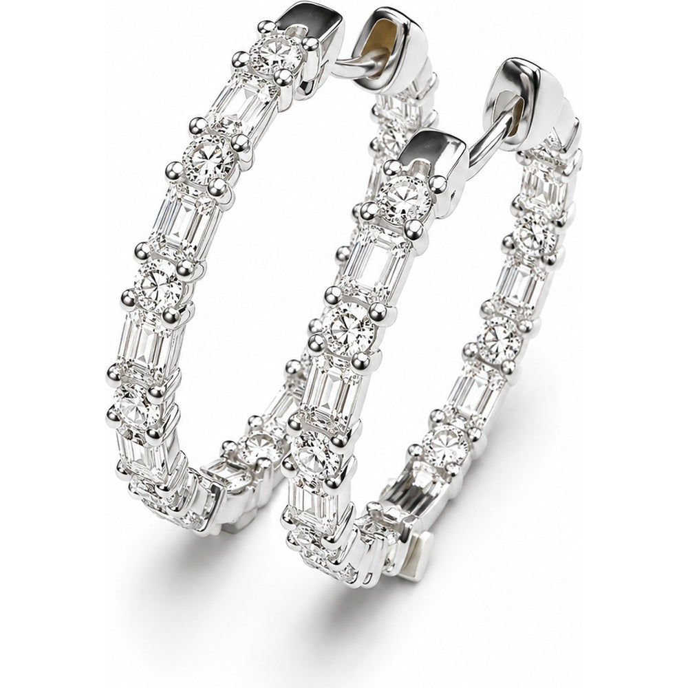 14K White Gold Hoop Earrings with Alternating Round and Baguette Diamonds - 2.86 Carat Total Diamond Weight by Auriventus