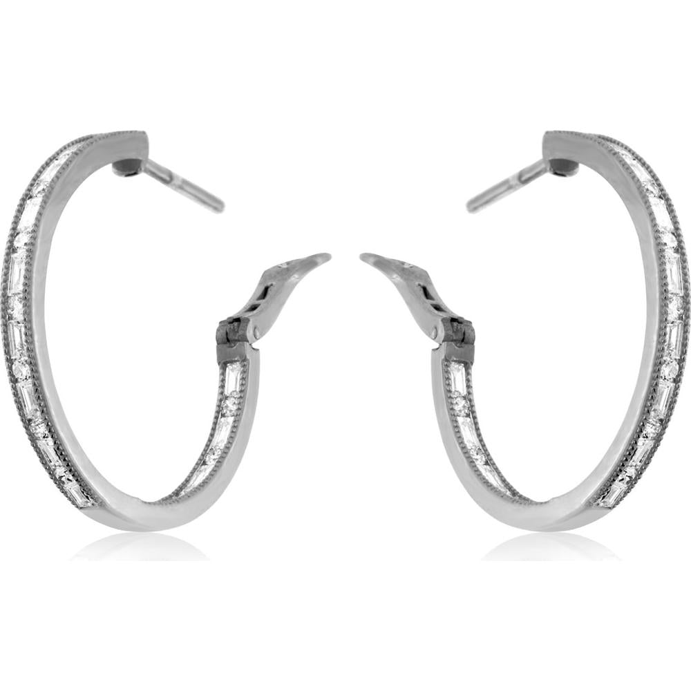 14K White Gold Hoop Earrings with Baguette Diamonds - 0.7 Carats Total Diamond Weight