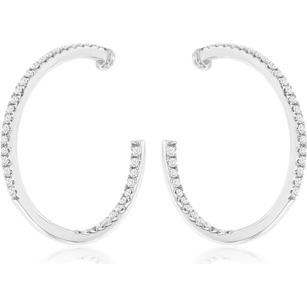 14K White Gold Hoop Earrings with Pave Set Round Diamonds - 0.20 Carats Total Diamond Weight