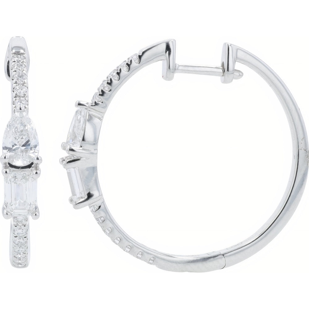 14K White Gold Hoop Earrings with Pear, Baguette, and Round Lab Grown Diamonds - 1.25 Carat Total Diamond Weight