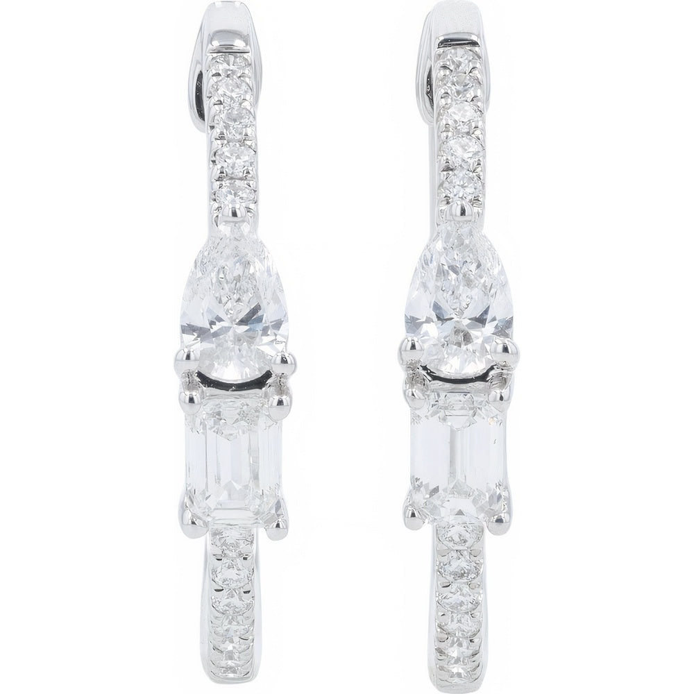 14K White Gold Hoop Earrings with Pear, Baguette, and Round Lab Grown Diamonds - 1.25 Carat Total Diamond Weight
