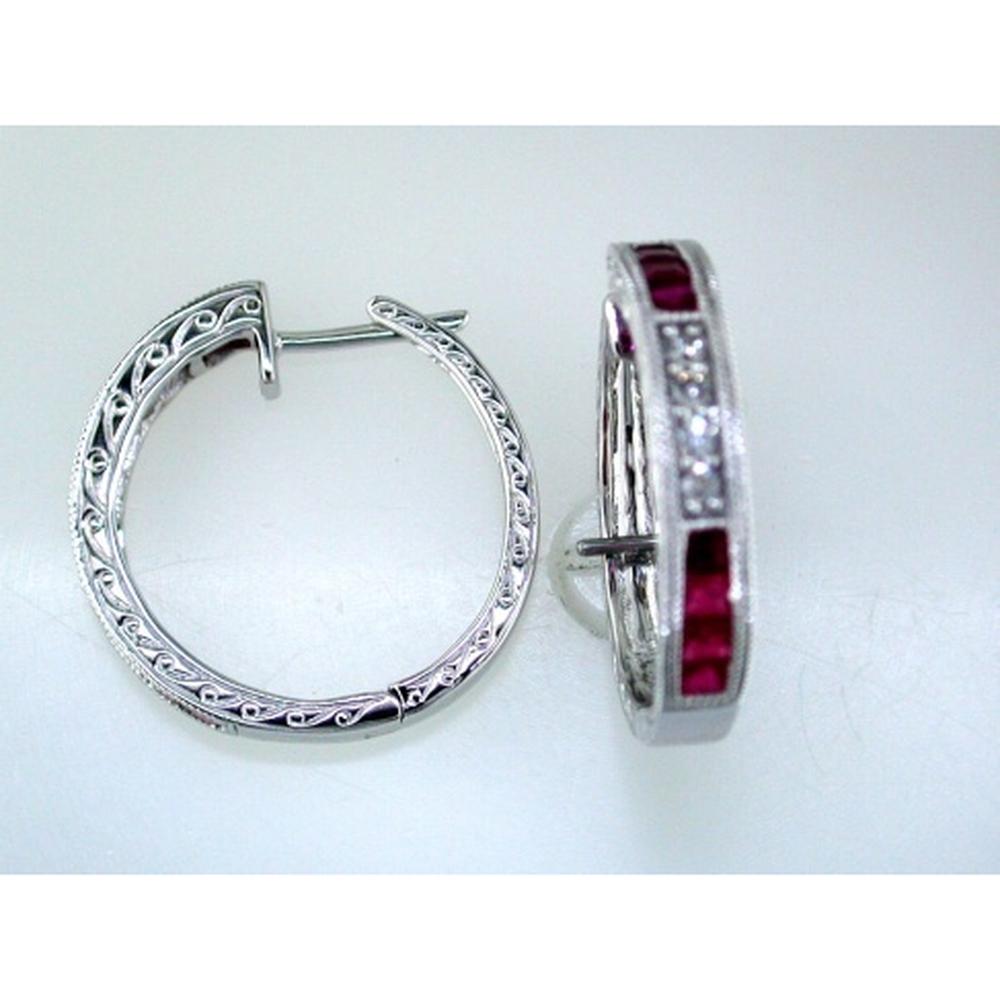 14K White Gold Hoop Earrings with Princess Cut Rubies and Round Diamonds - 1.10 Carat Total Ruby Weight and 0.15 Carat Total Diamond Weight - Royal Jewelry