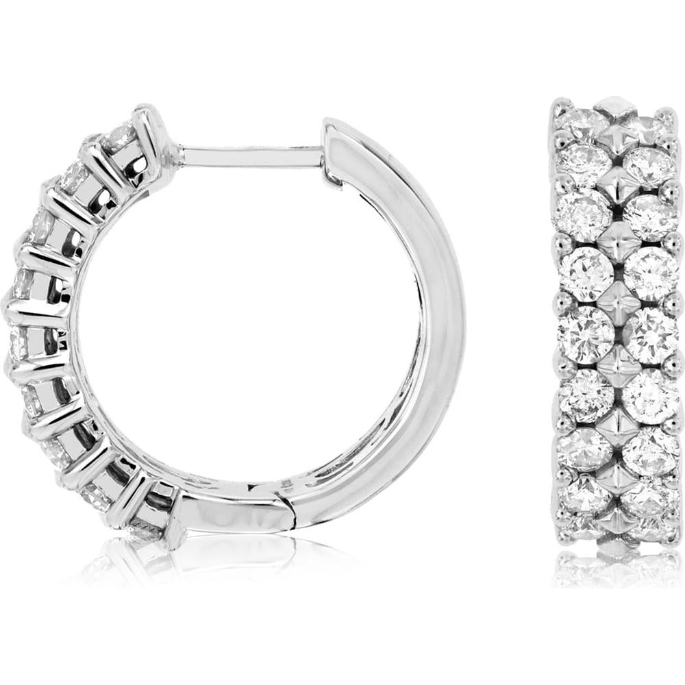 14K White Gold Hoop Earrings with Prong Set Round Diamonds - 1.43 Carats Total Diamond Weight