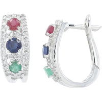 14K White Gold Hoop Earrings with Ruby, Emerald & Sapphire - 0.60 Carats Gemstones and 0.13 Carats Total Diamond Weight