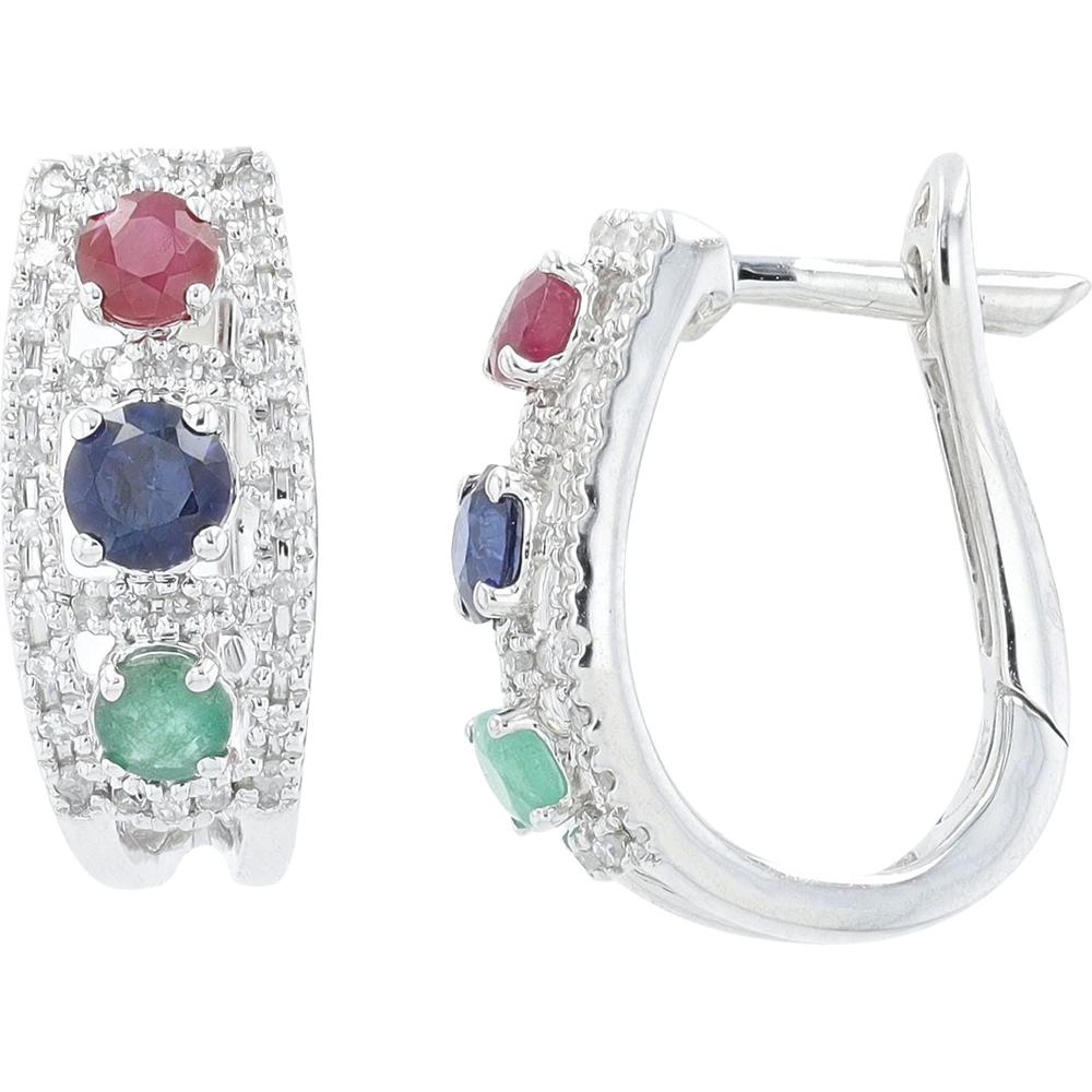 14K White Gold Hoop Earrings with Ruby, Emerald & Sapphire - 0.60 Carats Gemstones and 0.13 Carats Total Diamond Weight