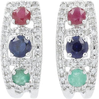 14K White Gold Hoop Earrings with Ruby, Emerald & Sapphire - 0.60 Carats Gemstones and 0.13 Carats Total Diamond Weight