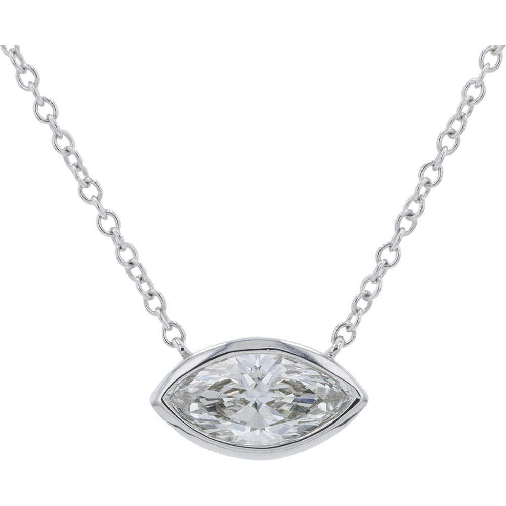 14K White Gold Horizontal Marquise Lab-Grown Diamond Necklace in Bezel Setting - 0.75 Carat Total Diamond Weight