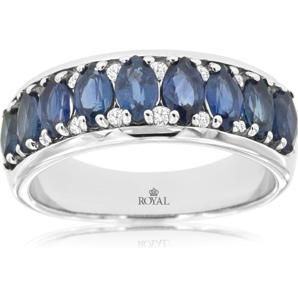 14K White Gold Horizontal Marquise Sapphire Band with Prong-Set Round Diamonds - 2.00 Carat Total Sapphire Weight and 0.16 Carat Total Diamond Weight - Royal Jewelry