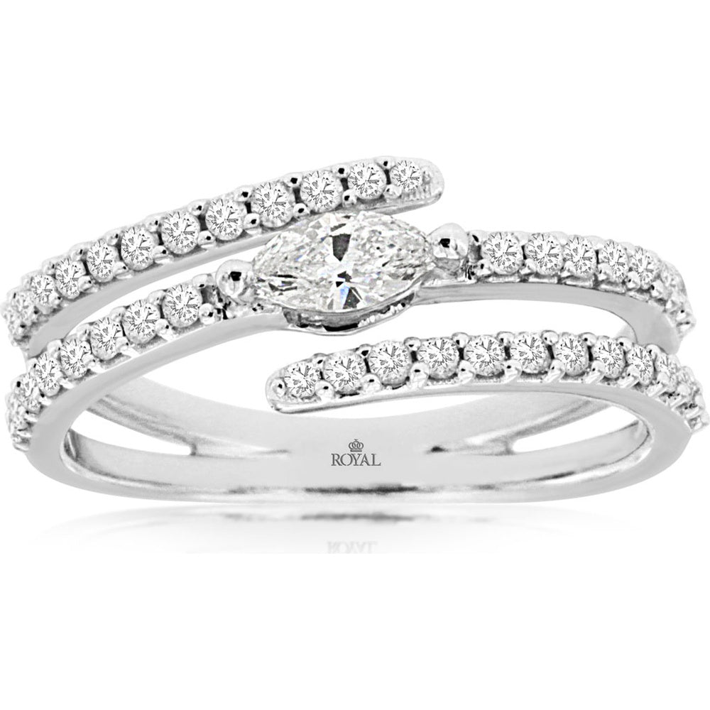 14K White Gold Horizontal Pear-Shaped Diamond Bypass Ring with Round Diamond Accents - 0.57 Carat Total Diamond Weight - Royal Jewelry