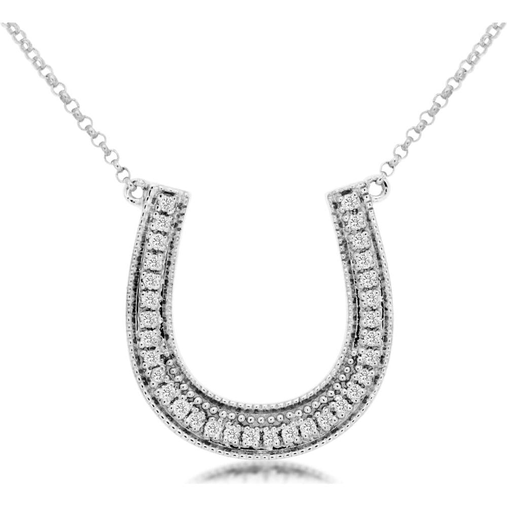 14K White Gold Horseshoe Necklace with Diamond Detail - 0.18 Carats Total Diamond Weight