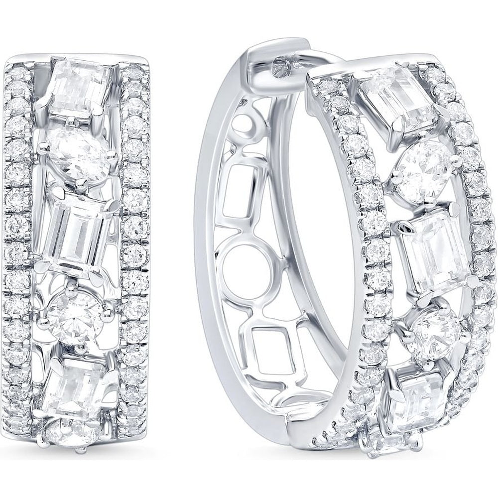 14K White Gold Huggie Diamond Earrings with Alternating Emerald and Round Cut Diamonds - 2.35 Carat Total Diamond Weight by Auriventus