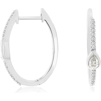 14K White Gold Huggie Diamond Hoop Earrings with Bezel-Set Pear Cut Center Stones and Pavé Accents - 0.36 Carat Total Diamond Weight - Royal Jewelry