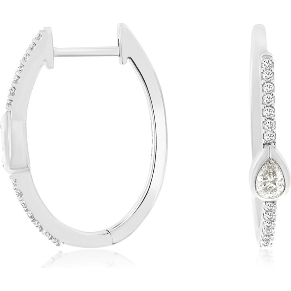 14K White Gold Huggie Diamond Hoop Earrings with Bezel-Set Pear Cut Center Stones and Pavé Accents - 0.36 Carat Total Diamond Weight - Royal Jewelry