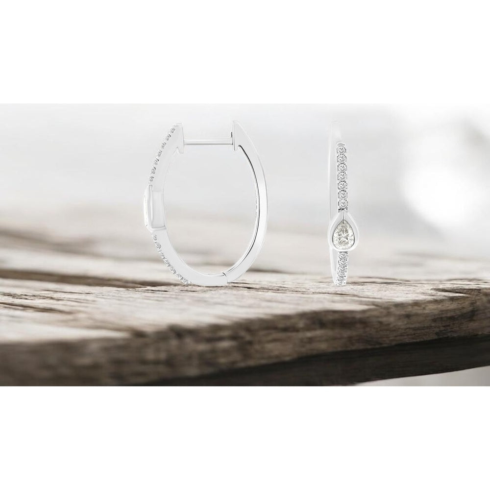 14K White Gold Huggie Diamond Hoop Earrings with Bezel-Set Pear Cut Center Stones and Pavé Accents - 0.36 Carat Total Diamond Weight - Royal Jewelry