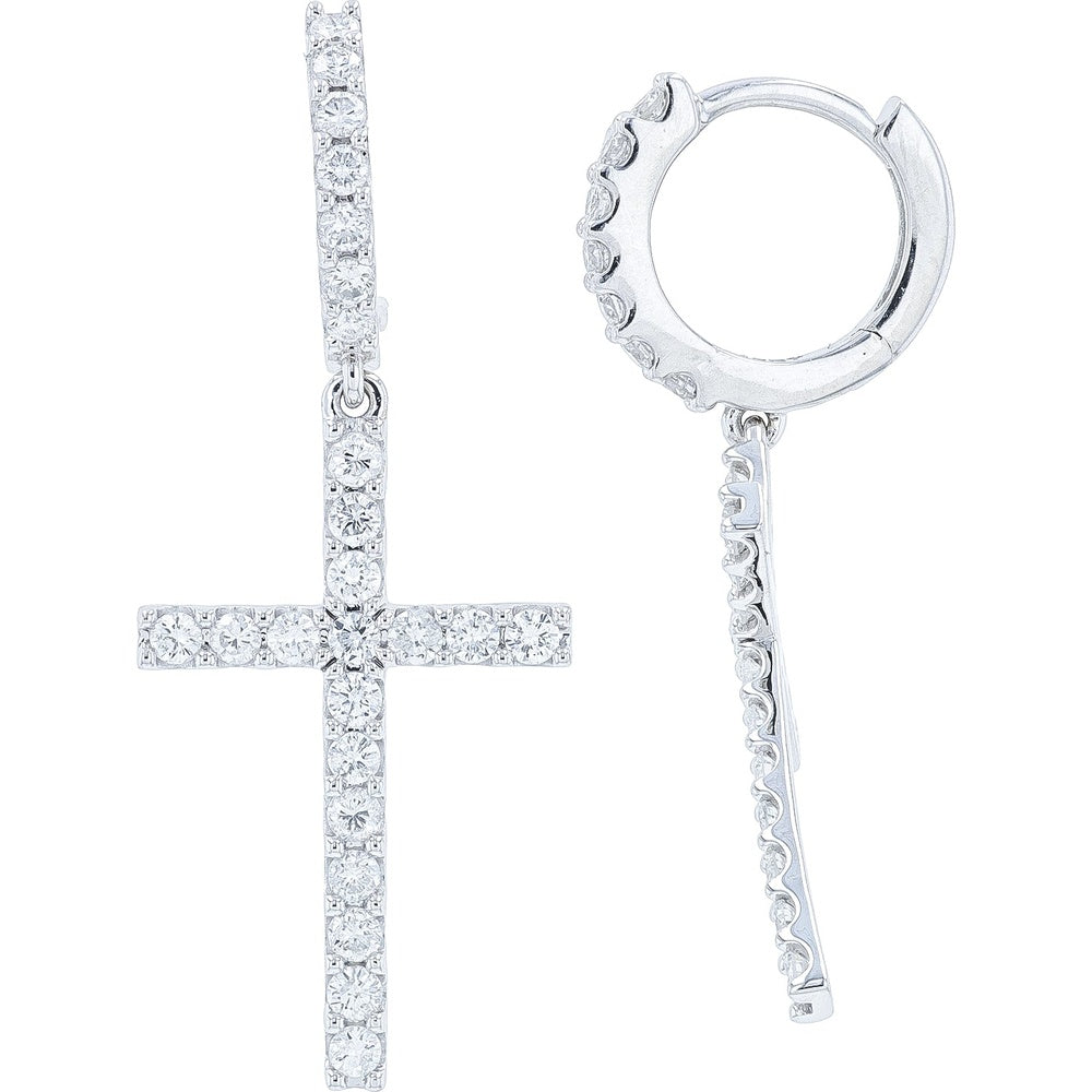 14K White Gold Huggie Drop Cross Earrings with Prong-Set Round Diamonds - 1.00 Carat Total Diamond Weight