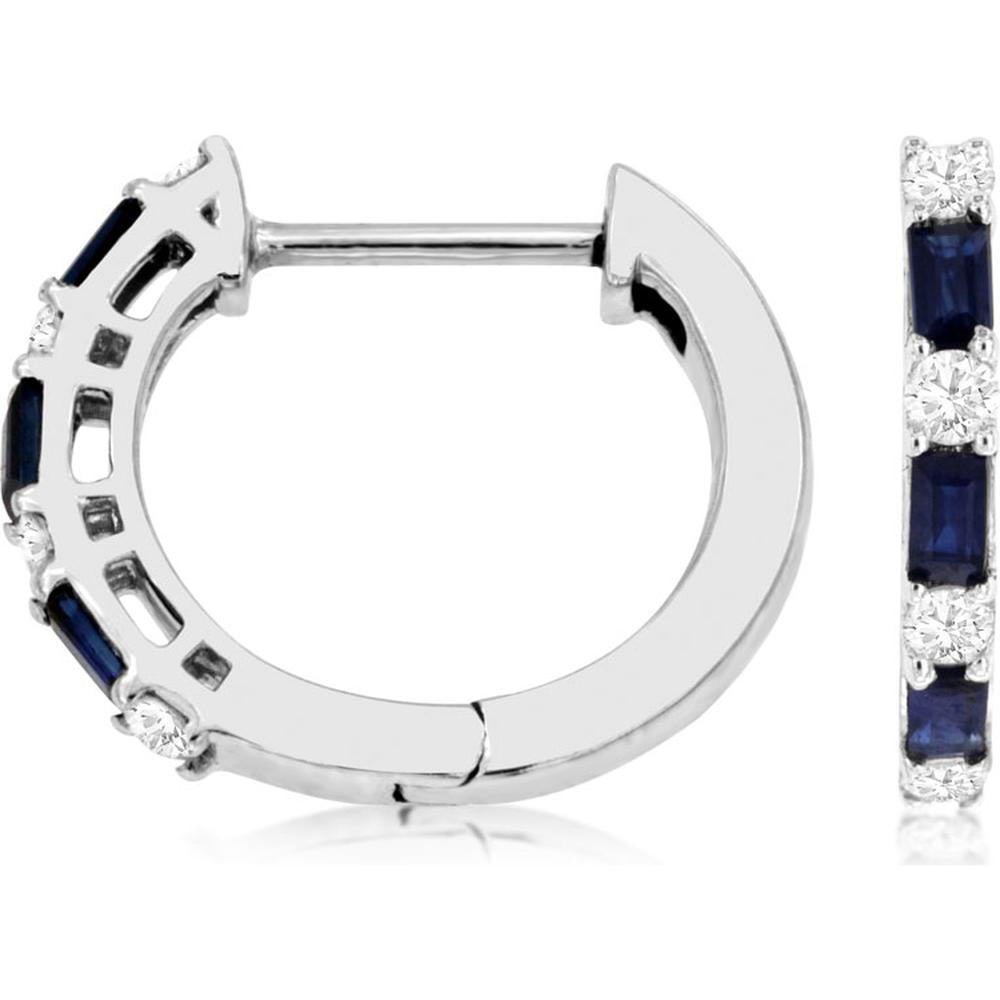 14K White Gold Huggie Earrings with Alternating Baguette Sapphires and Round Diamonds – 0.37 Carat Total Sapphire Weight, 0.20 Carat Total Diamond Weight - Royal Jewelry