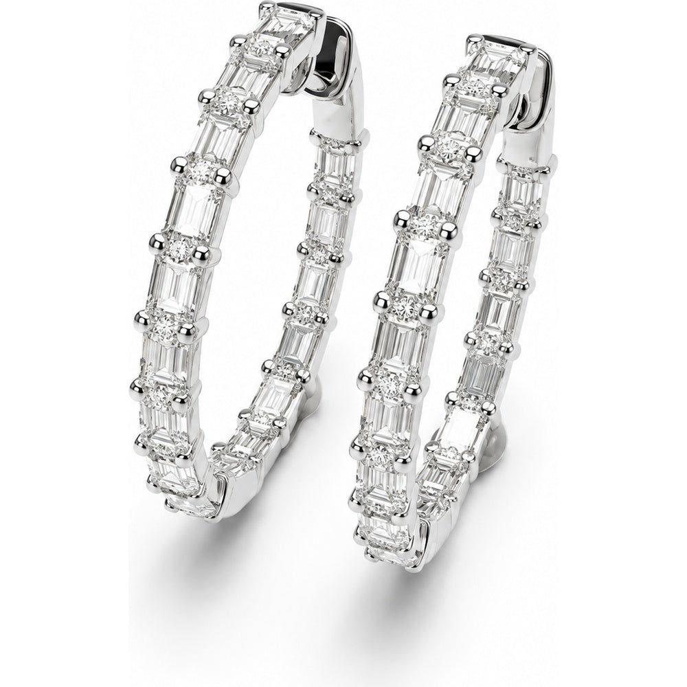 14K White Gold Huggie Earrings with Alternating Emerald Cut and Round Diamonds - 3.61 Carat Total Diamond Weight by Auriventus
