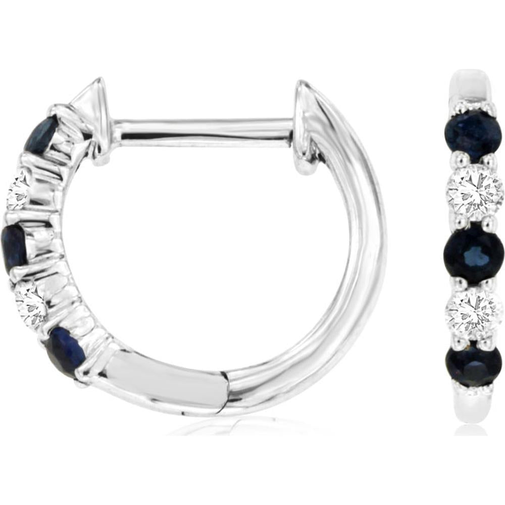 14K White Gold Huggie Earrings with Alternating Round Sapphires and Diamonds - 0.15 Carat Total Sapphire Weight & 0.10 Carat Total Diamond Weight - Royal Jewelry
