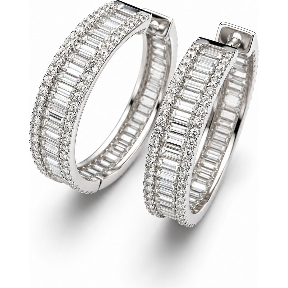 14K White Gold Huggie Earrings with Baguette and Round Diamonds - 3.87 Carat Total Diamond Weight by Auriventus