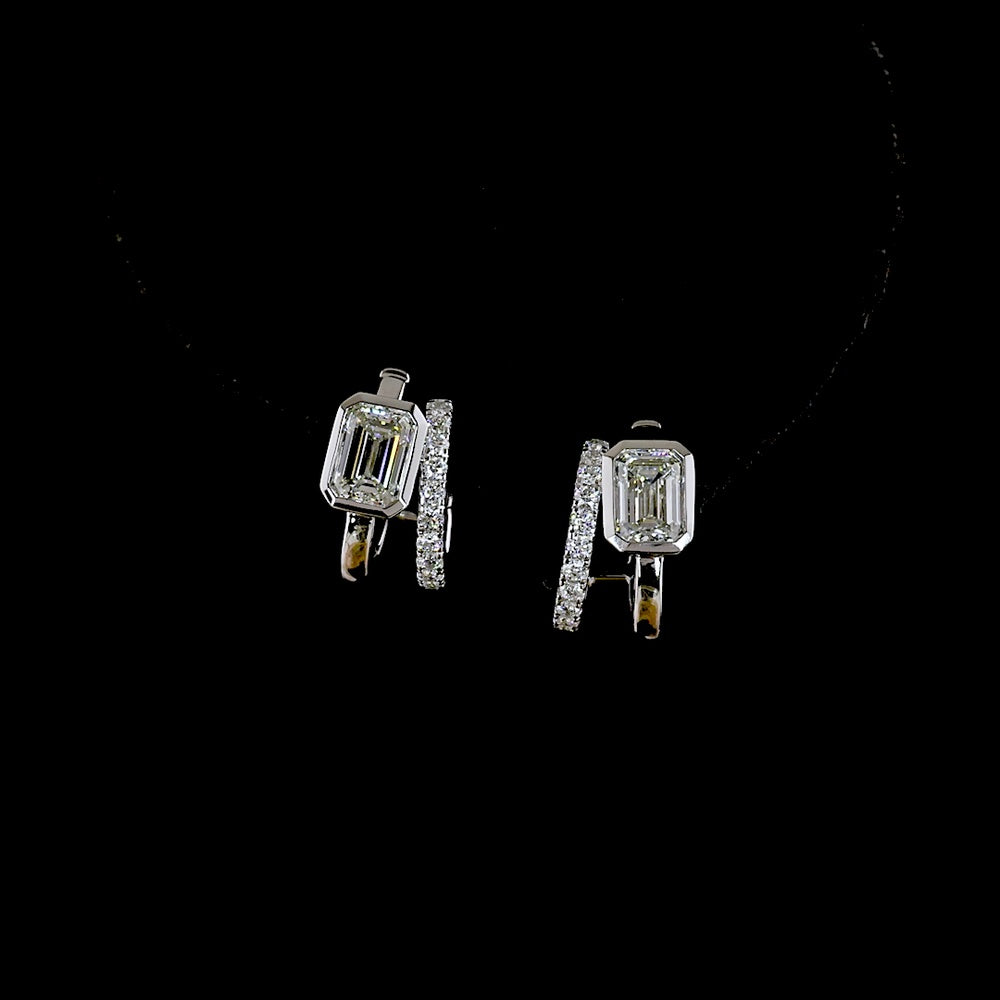 14K White Gold Huggie Earrings with Bezel Set Emerald Cut Lab Diamonds and Prong Set Brilliant Cut Diamond Accents - 1.30 Carat Total Diamond Weight - Covaloro Fine Jewelry