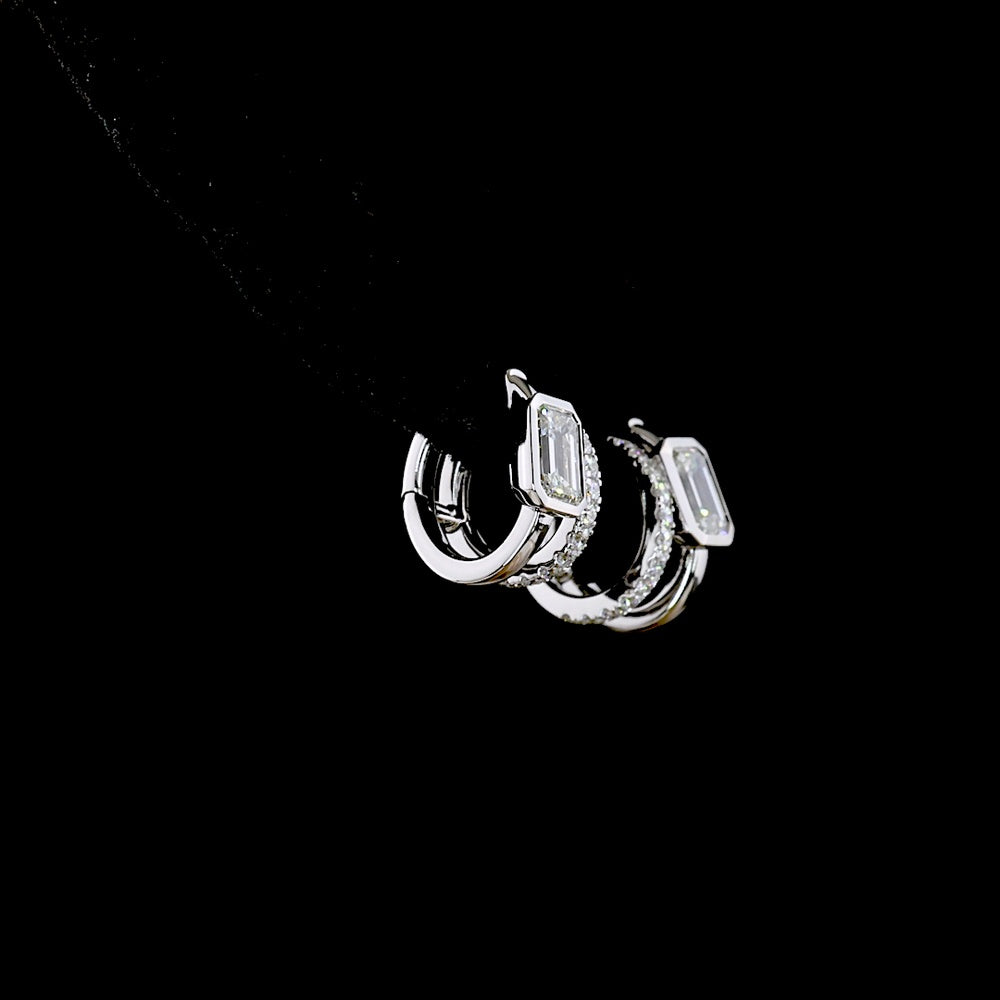 14K White Gold Huggie Earrings with Bezel Set Emerald Cut Lab Diamonds and Prong Set Brilliant Cut Diamond Accents - 1.30 Carat Total Diamond Weight - Covaloro Fine Jewelry